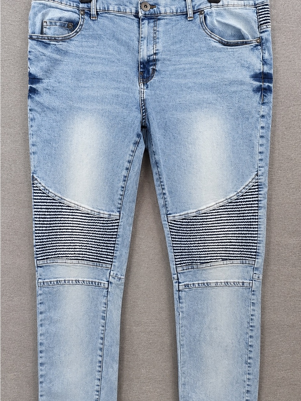 Light Blue Mens Moto Skinny Jeans with Ribbed Detail Size 42/32